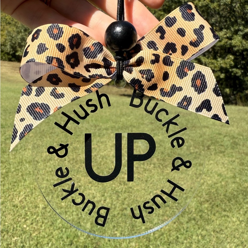 Buckle Up & Hush Up Rear View Mirror Charm - Leopard Print Bow